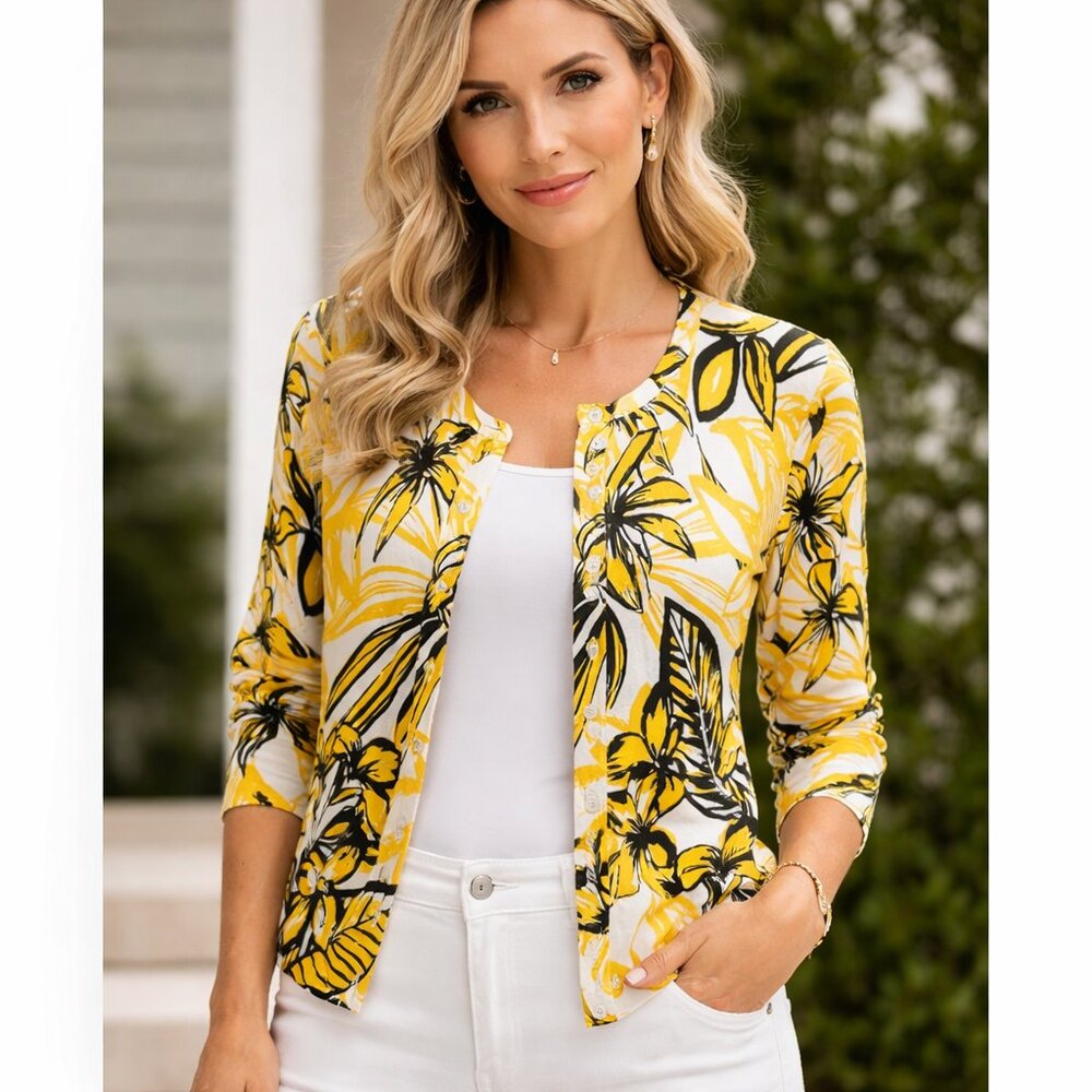 Cable & Gauge Women's Yellow Floral Cardigan PS